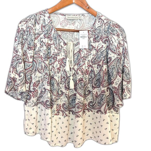 NWT Abercrombie & Fitch | Crop Peasant Paisley Boho Tassel Blouse Top | XS - Picture 2 of 10